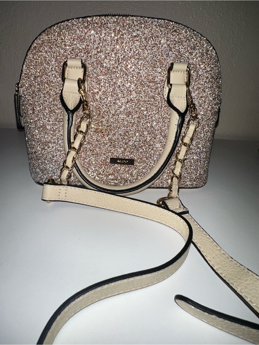 ALDO Rose Gold Glitter Mini Dome Satchel with Cream Straps